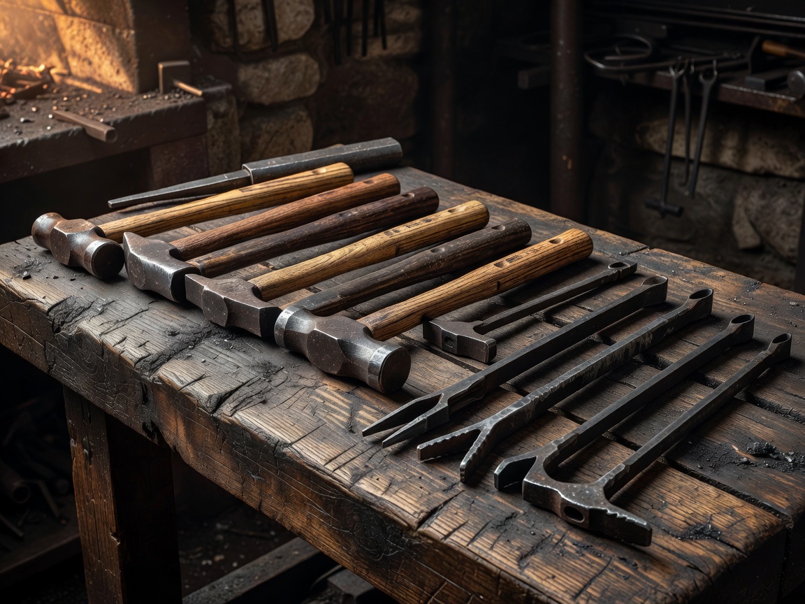 Blacksmith hand hammers and fitted tongs on a wooden bench