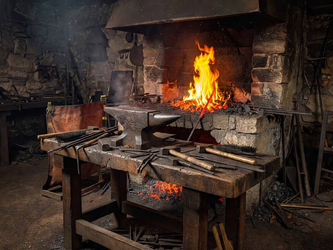 Blacksmithing workbench beside a glowing forge