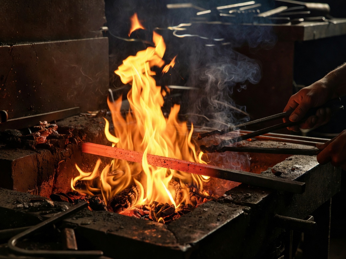 Controlled blacksmith forge fire heating a steel bar