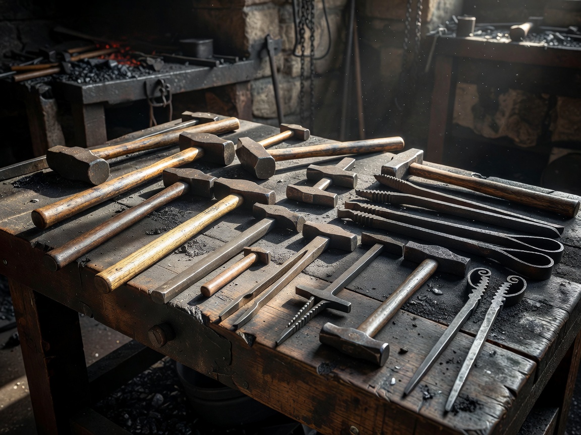Forging hammers and blacksmith tongs arranged on a bench