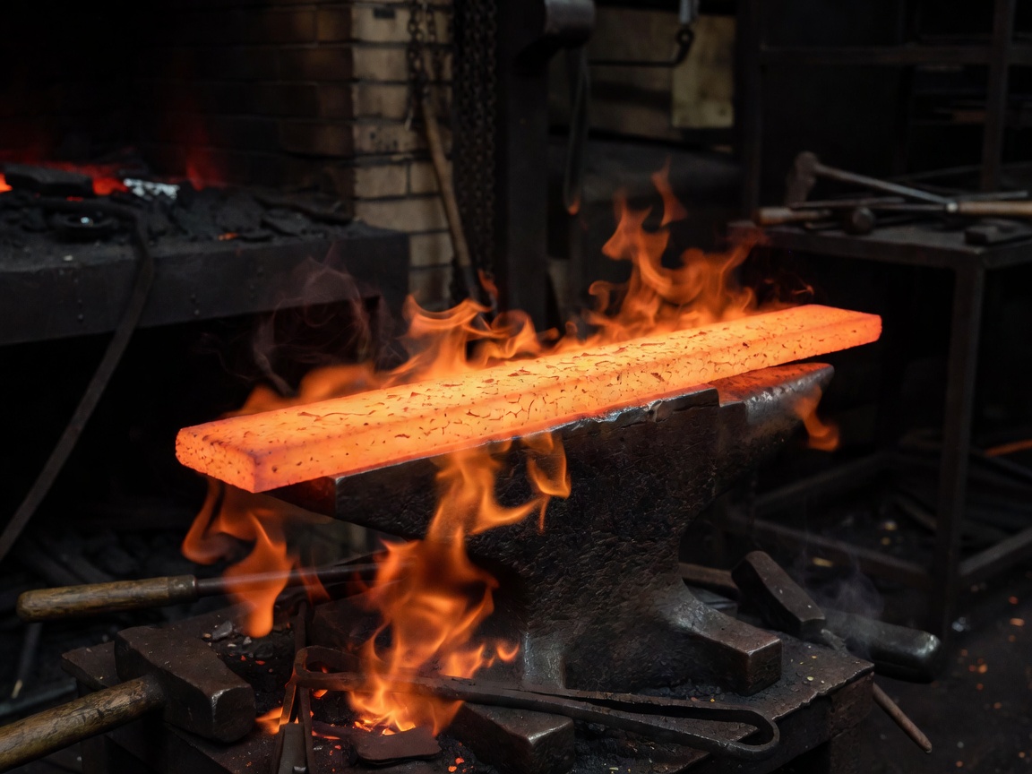 Heated steel glowing orange during workshop heat treatment