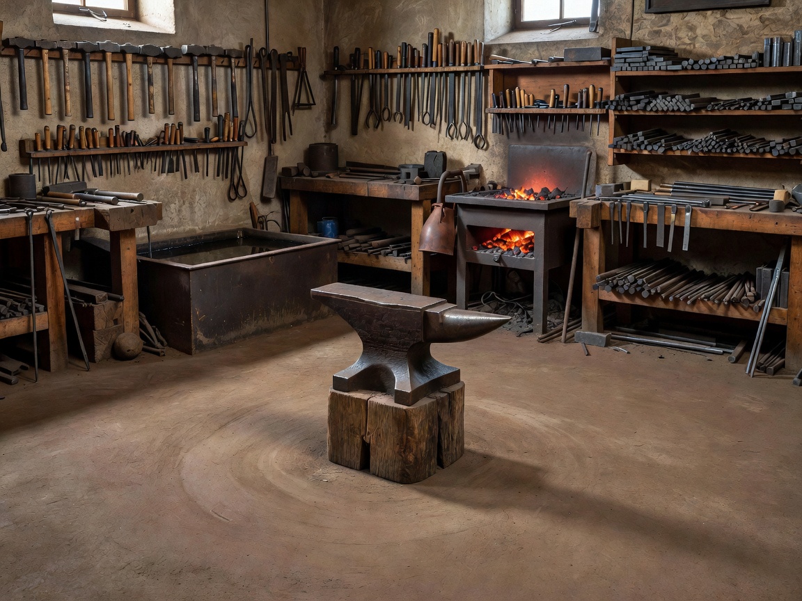 Organized blacksmith workshop with clear space around an anvil