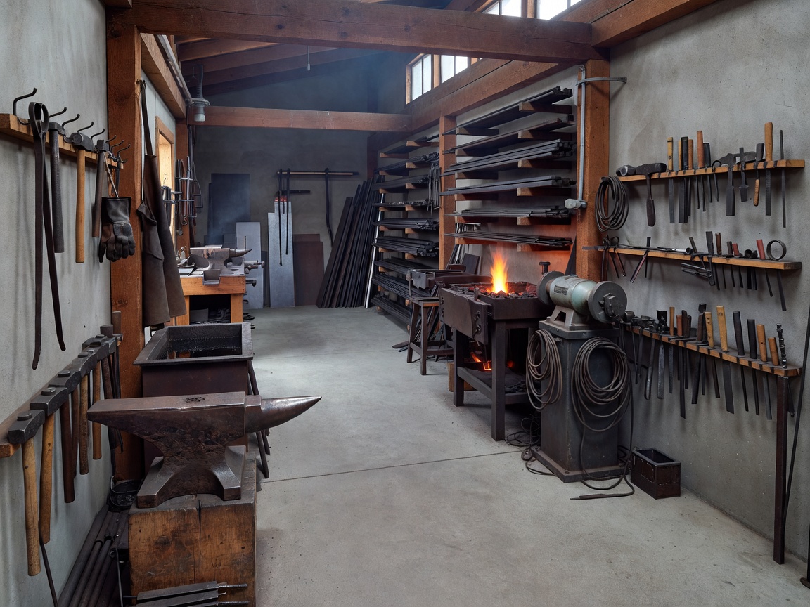Organized blacksmith workshop with open walkways and separated equipment
